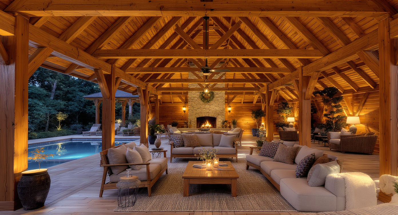 A cozy pool house designed with wooden accents, creating a warm and inviting atmosphere for relaxation.