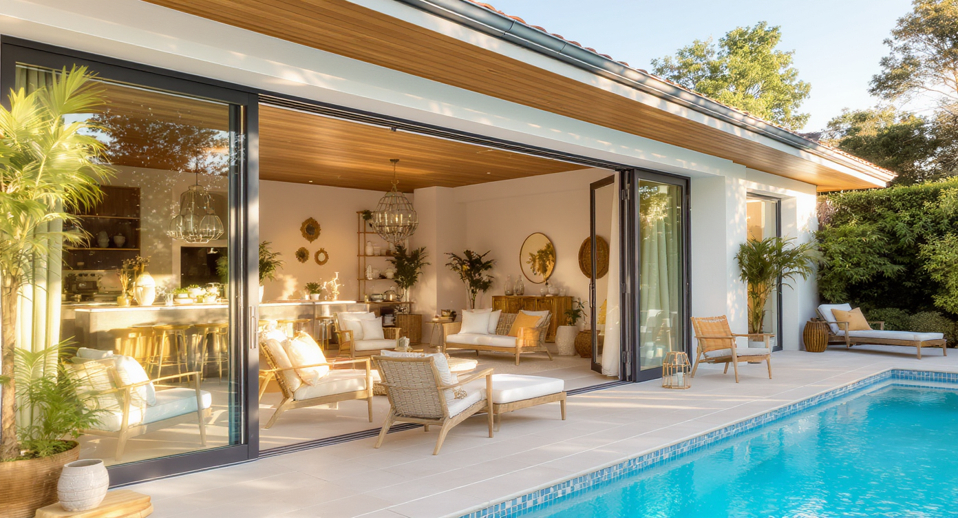 A stylish pool house interior with open spaces, bright light, and contemporary furniture leading to an outdoor patio.