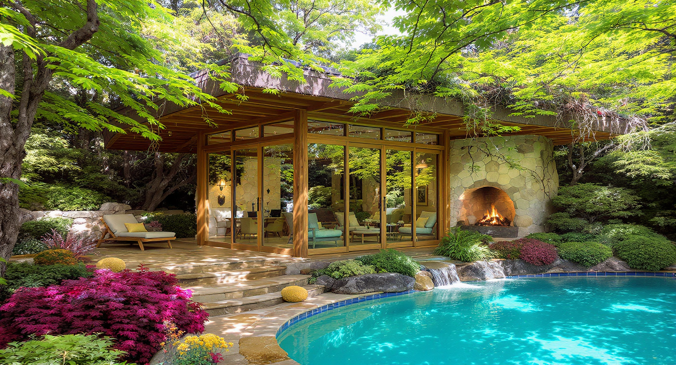 A pool house harmonizing with nature, featuring wooden beams and large glass walls surrounded by greenery.