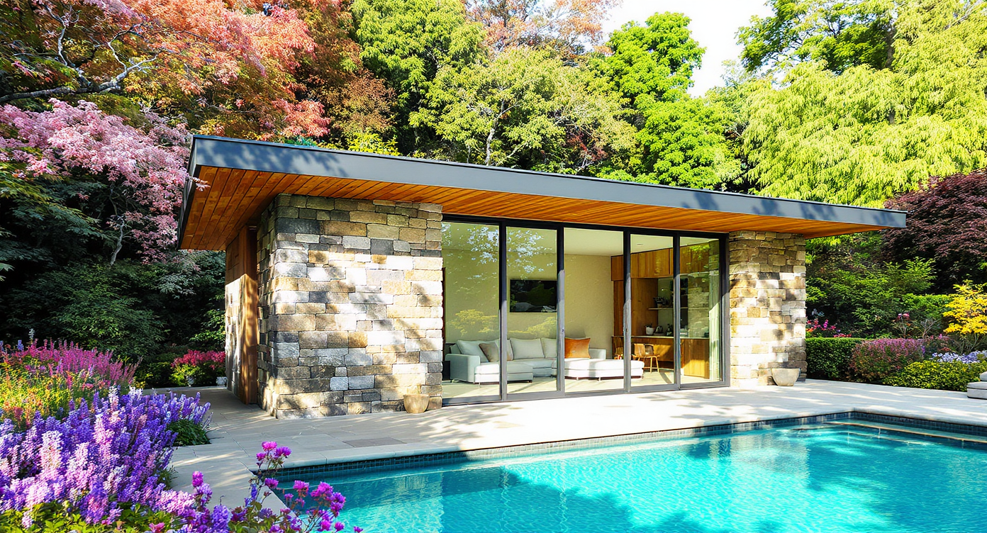 A pool house with stone and wood finishes, seamlessly blending with the outdoor landscape and garden.