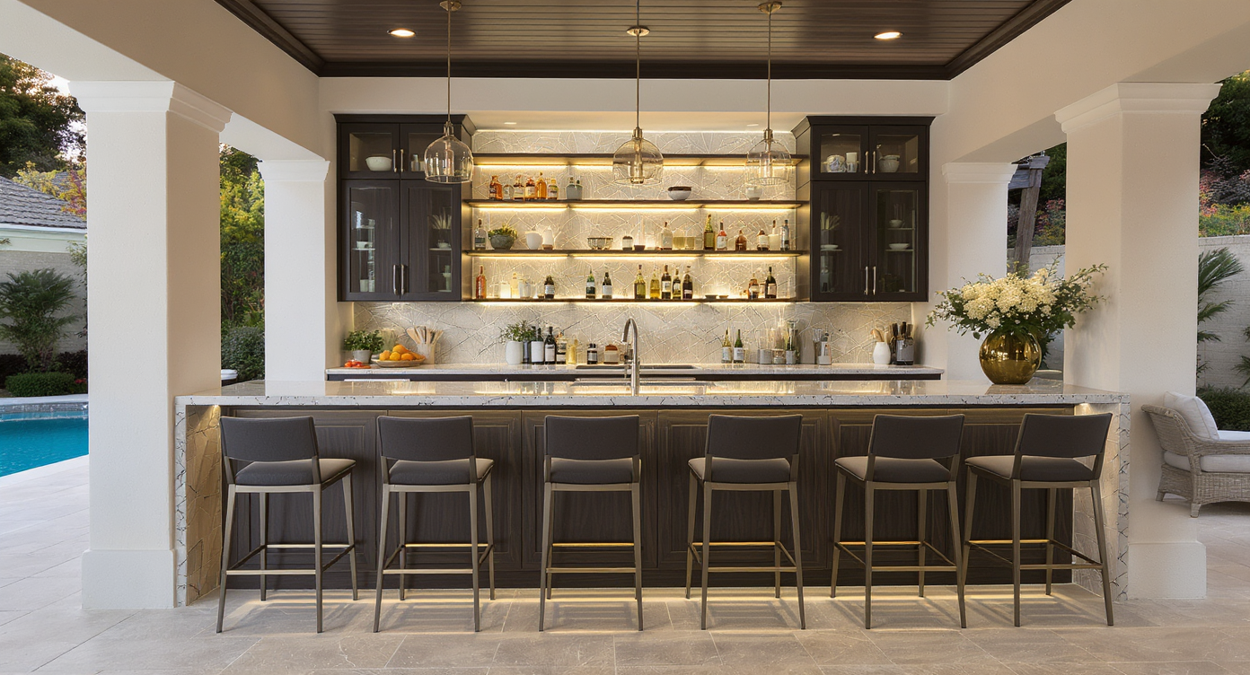 A stylish wet bar in a pool house, adorned with modern stools and warm lighting to create an inviting atmosphere.