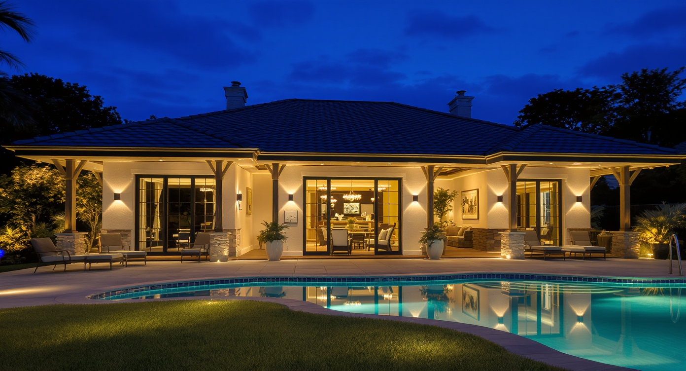 A pool house with thoughtful lighting solutions, enhancing ambiance and making the space feel inviting.
