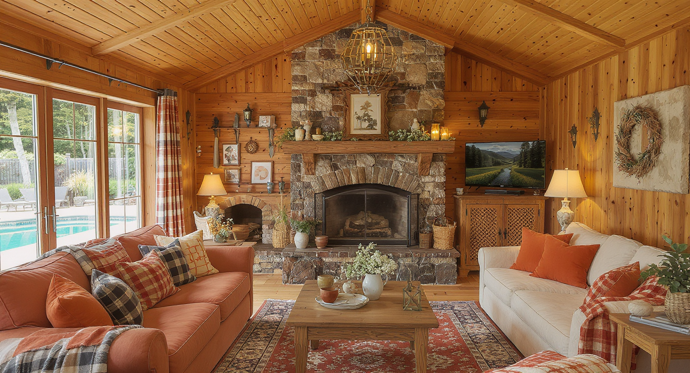 A country-style pool house adorned with warm colors and rustic decor, creating a comfortable and inviting atmosphere.