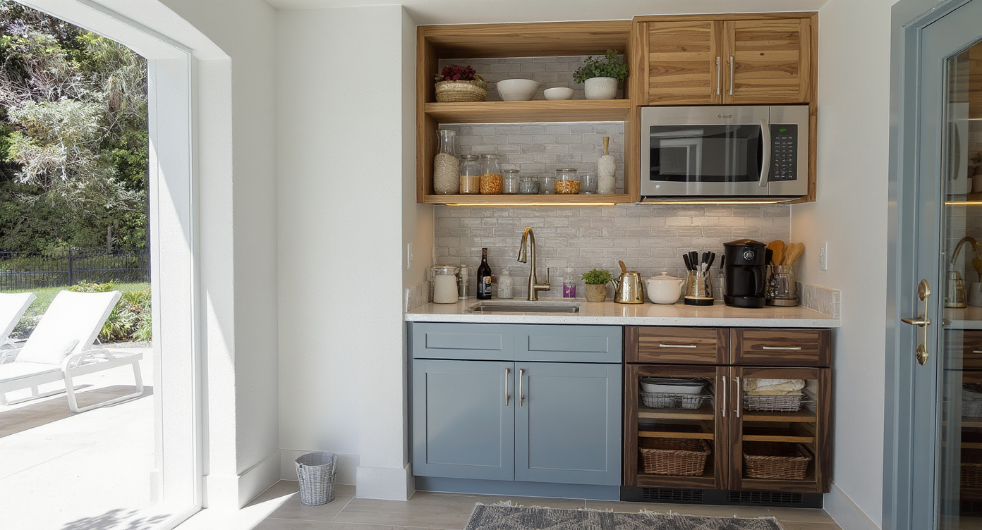 A stylish kitchenette in a pool house, featuring modern appliances and chic cabinetry for enhanced functionality.