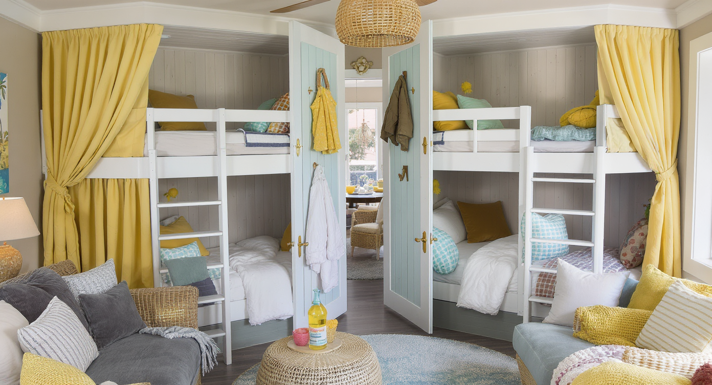 A pool house with built-in bunk beds, featuring cheerful colors and cozy decor for a whimsical sleeping area.