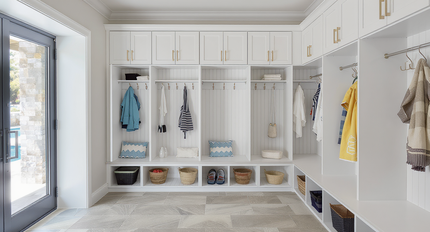 A practical locker room in a pool house, featuring stylish storage and changing areas for pool gear.