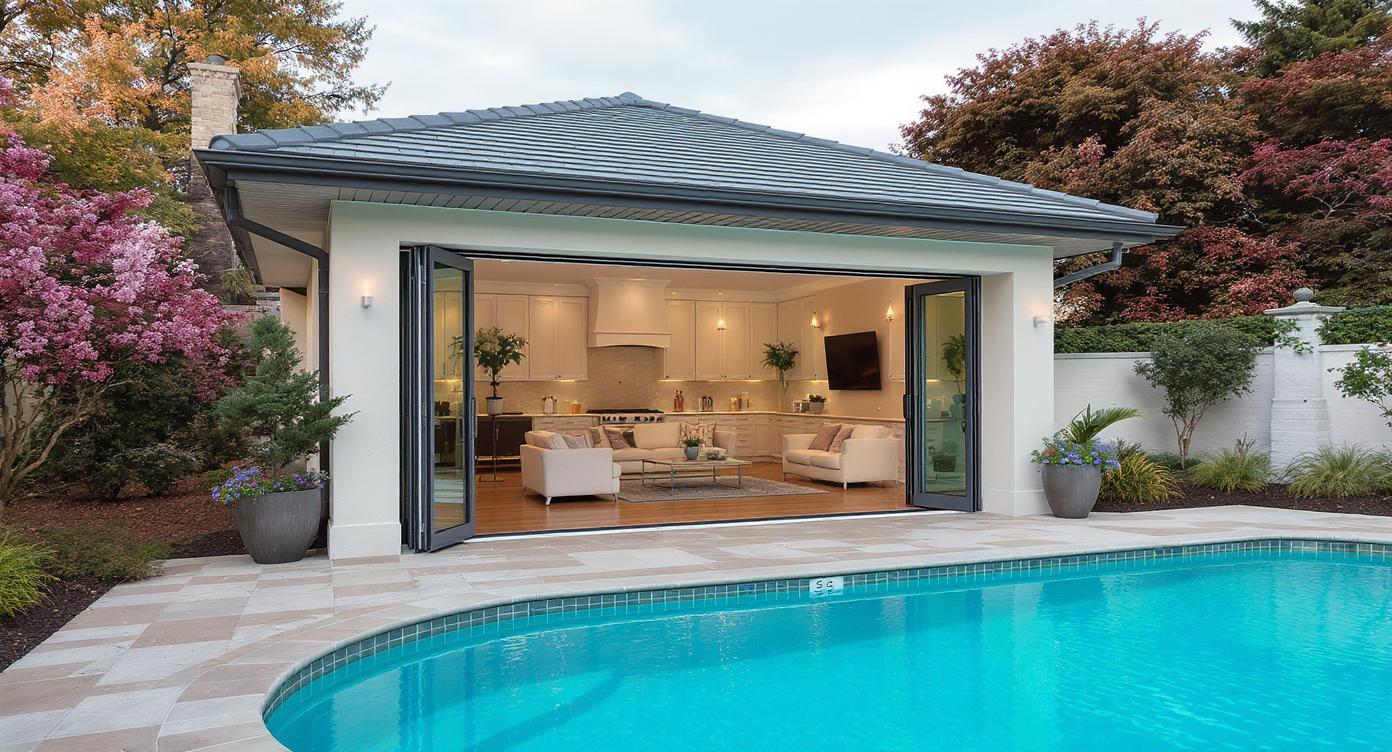 A pool house showcasing seamless indoor-outdoor integration with large retractable doors that connect to the outdoor environment.
