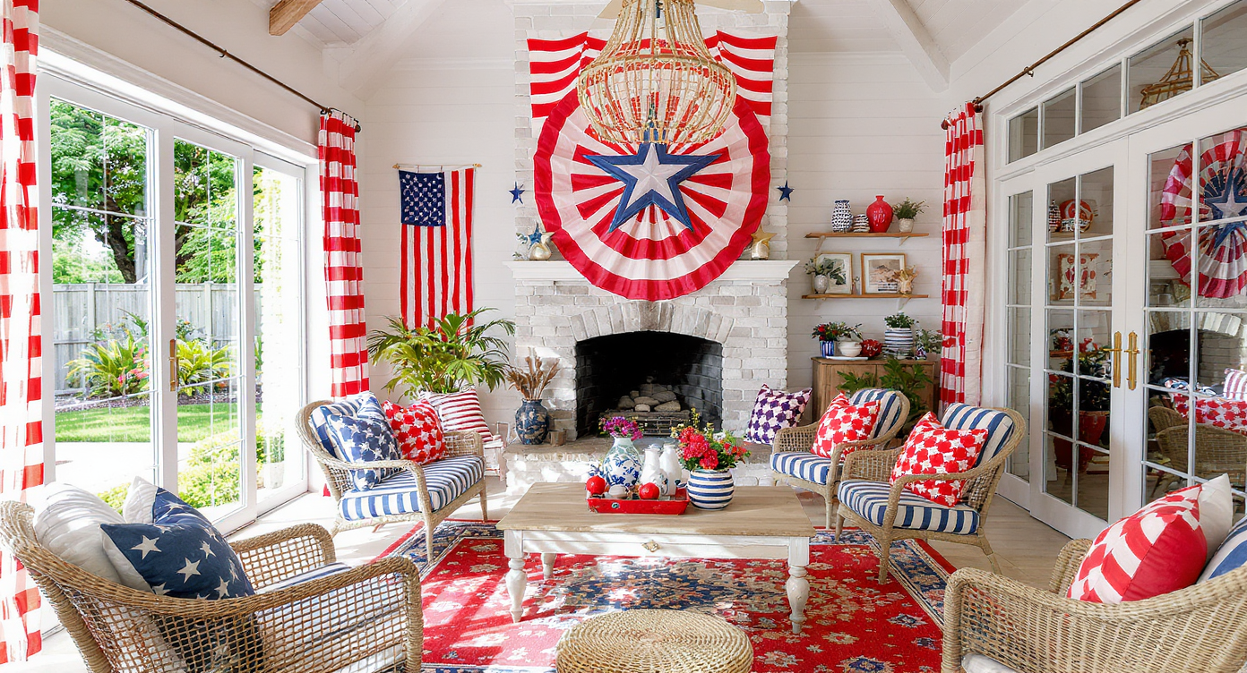 An Americana-themed pool house decor featuring red, white, and blue colors, creating a festive atmosphere.