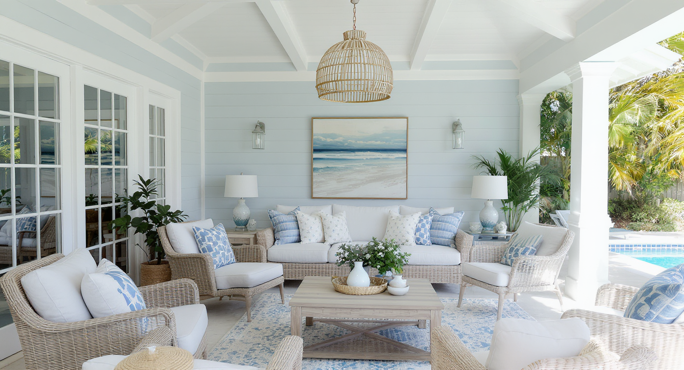 A coastal-inspired pool house showcasing relaxing blues and whites, evoking a vacation feel with light decor.