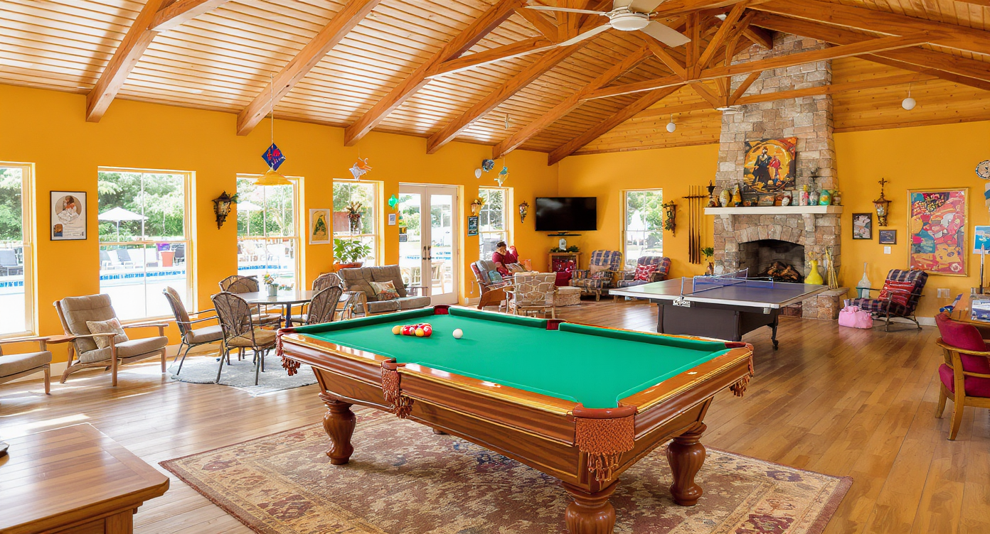 A game room in a pool house filled with games and playful decor, promoting a lively atmosphere for leisure activities.