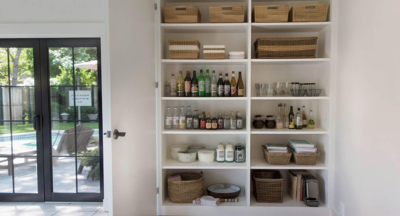 An effective vertical storage solution in a pool house, with built-in shelving organized with refreshments and decor items.