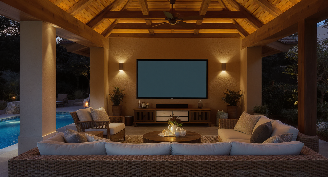 A relaxing TV room in a pool house designed for comfort with a large screen and ambient lighting for cozy evenings.