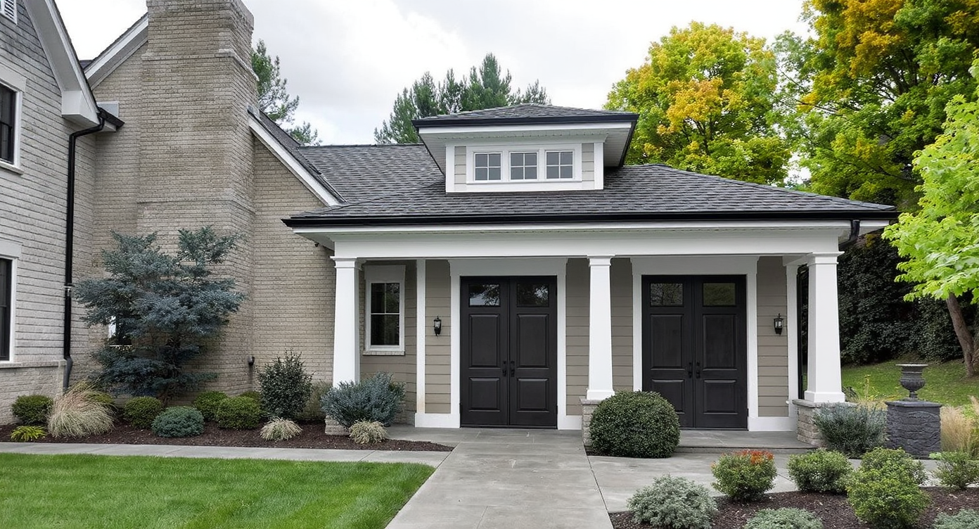 A pool house that mirrors the main house in architecture and materials, promoting overall unity and cohesion.