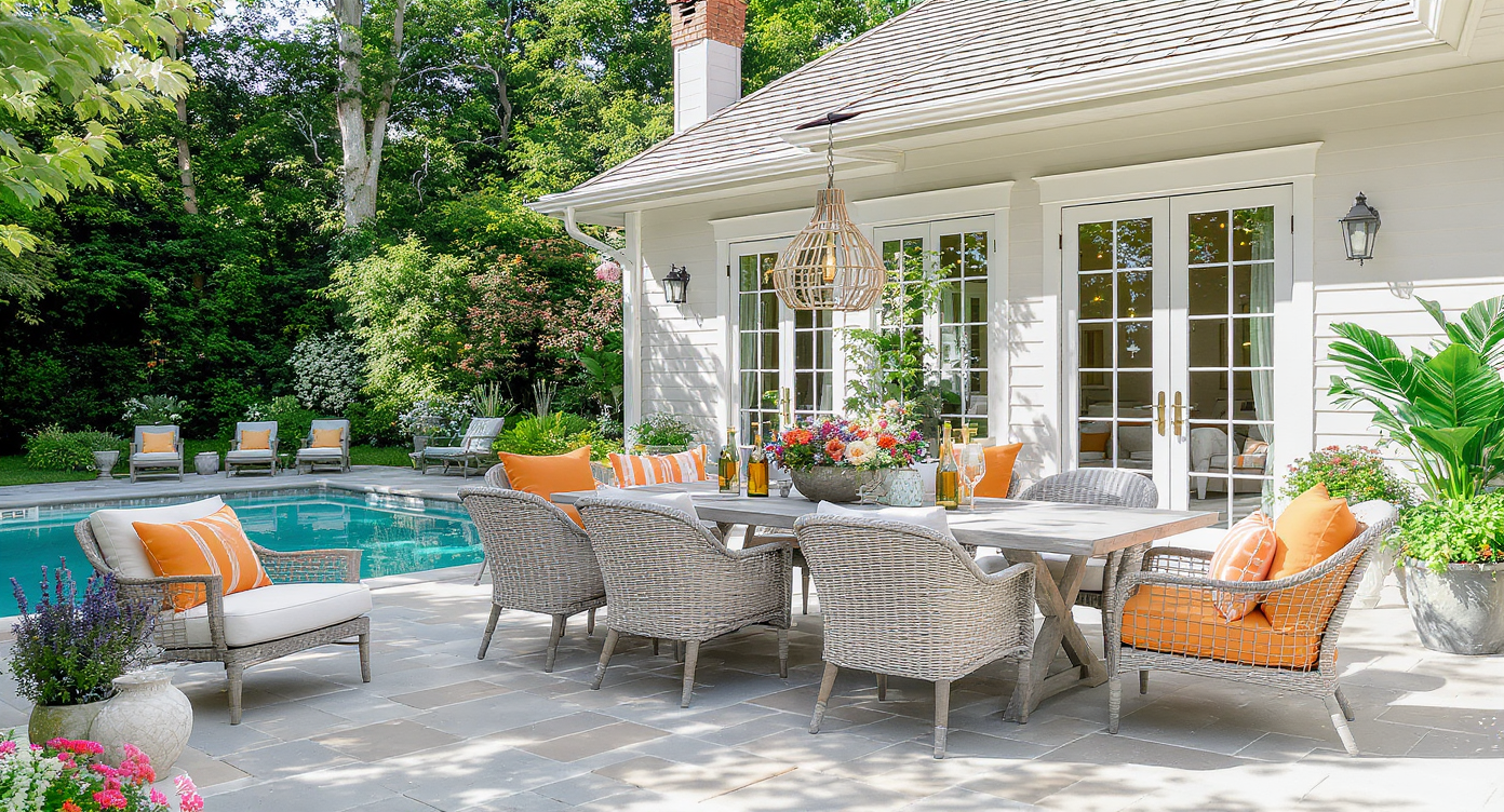 A beautiful outdoor dining area next to a pool house, complete with stylish seating and decor for seasonal meals.