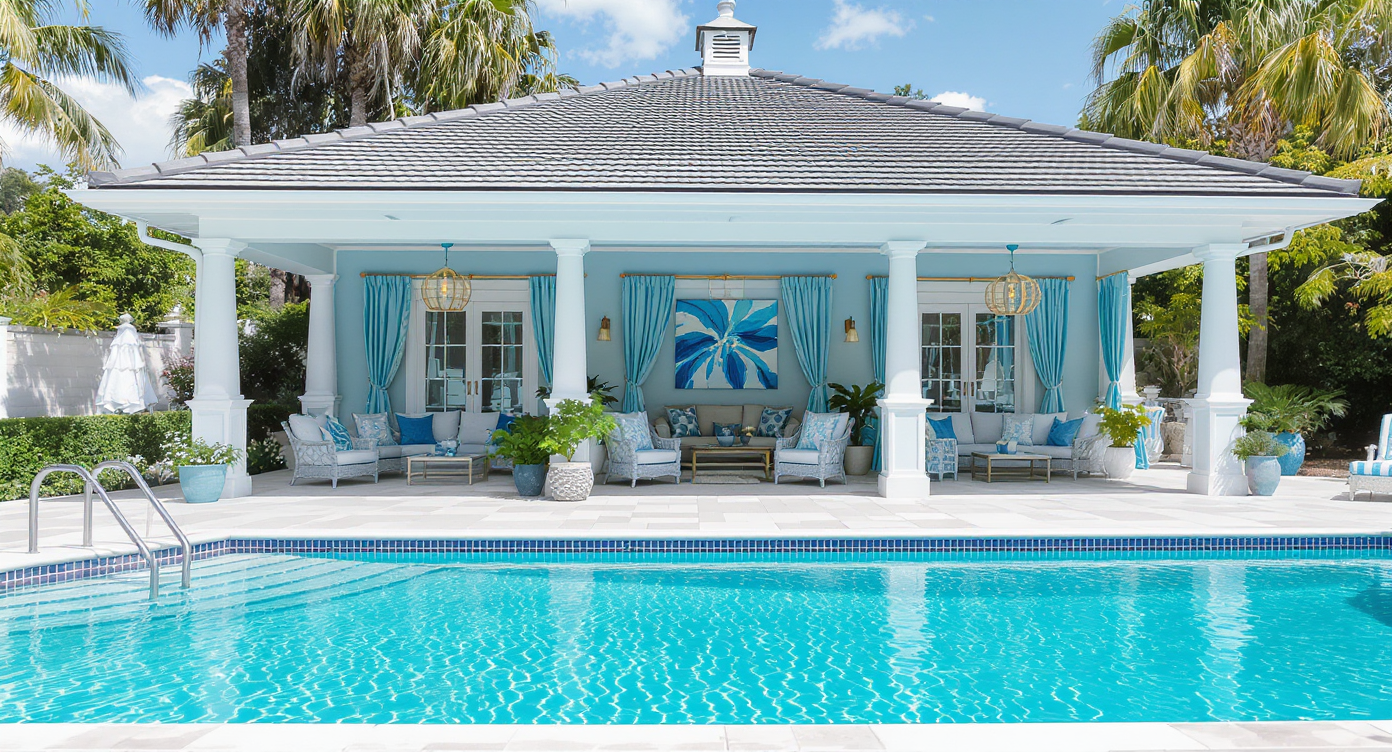 A pool house featuring blue tone accents in decor and furniture, harmonizing with the pool's hues.
