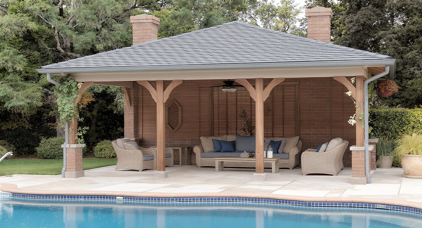 A cozy pavilion adjacent to a pool, offering comfortable seating and an inviting atmosphere for outdoor relaxation.