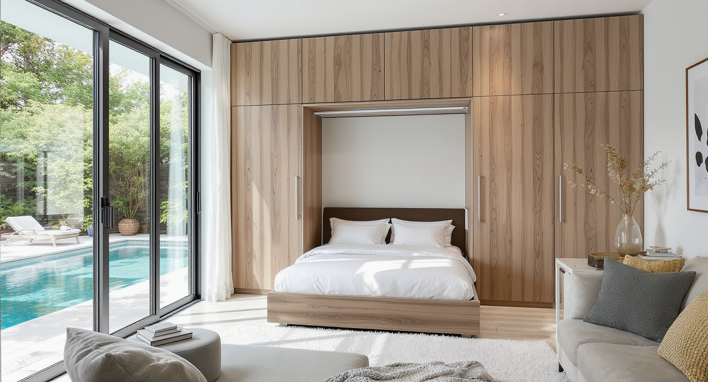 A fashionable pool house with a hidden Murphy bed, maintaining spaciousness and style while offering functionality.