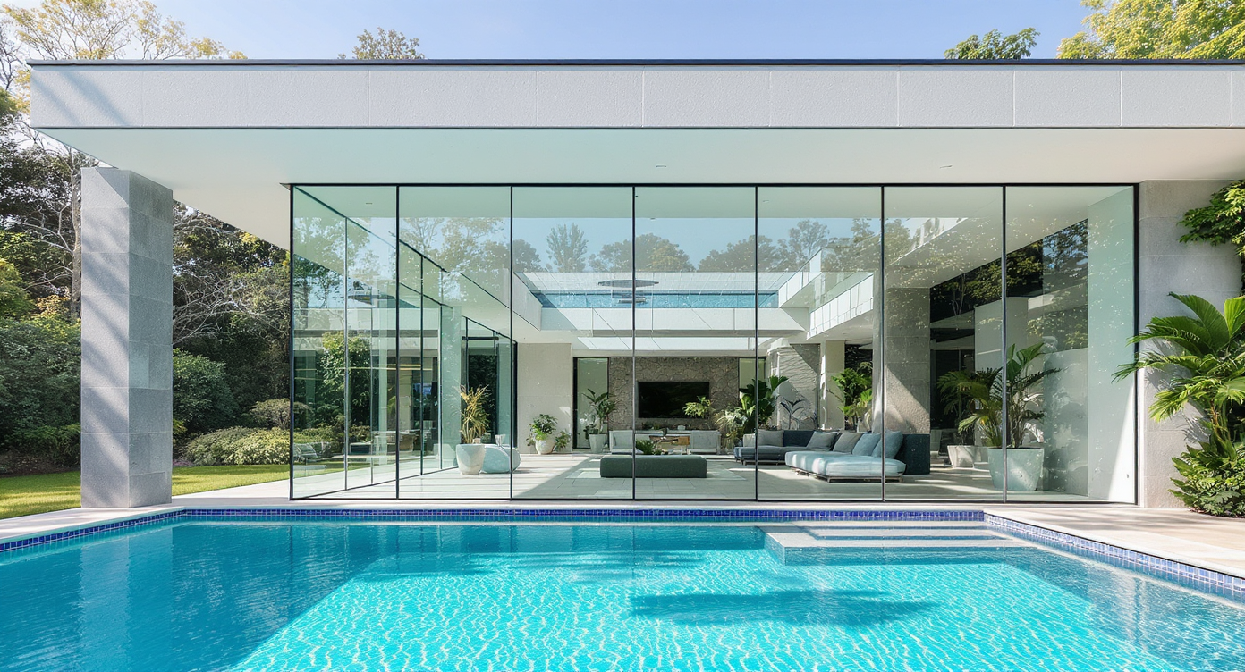A modern pool house highlighting glass features throughout for natural light and outdoor connection.