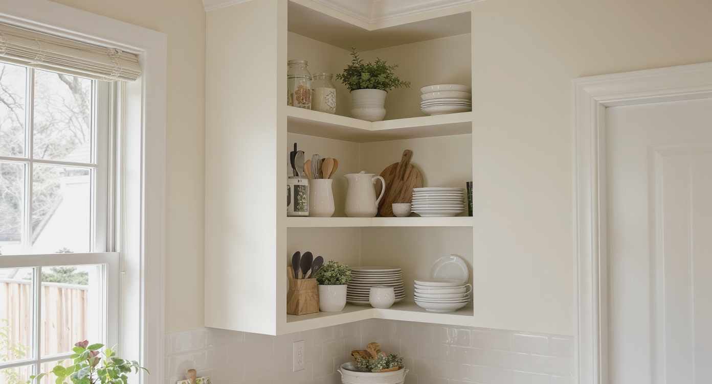 A well-organized kitchen featuring open shelves with stylish dishes and decor, maximizing accessible storage.