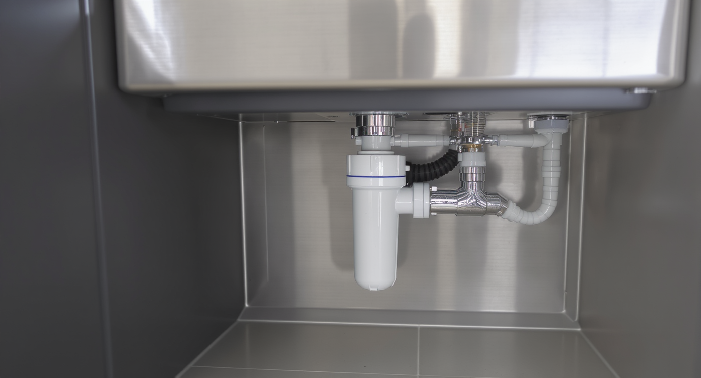 An under-sink water filter demonstrating a clean, organized kitchen with efficient use of space.