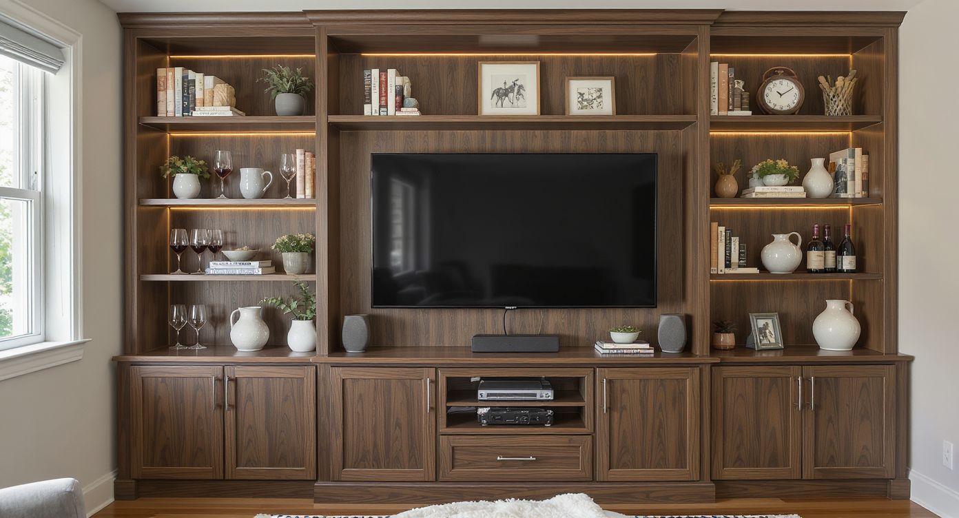 A stylish bookcase converted into a vibrant entertainment center, perfect for hosting friends and family.