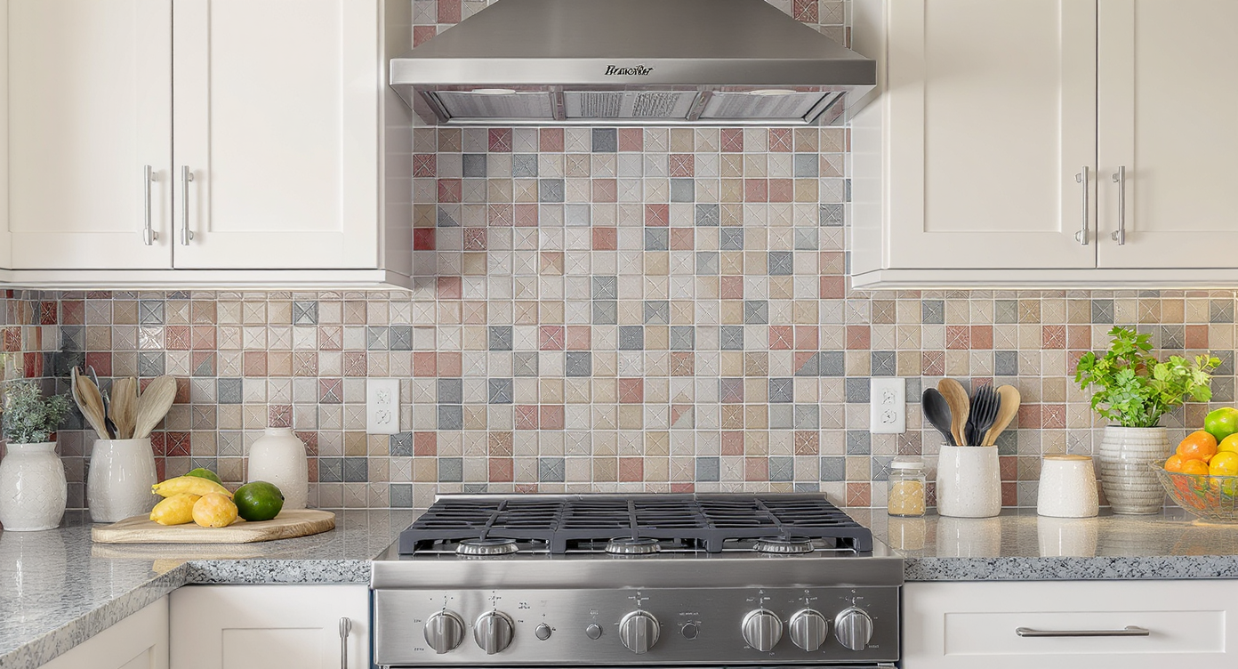 A newly installed kitchen backsplash with colorful tiles adding decorative value and durability to the space.