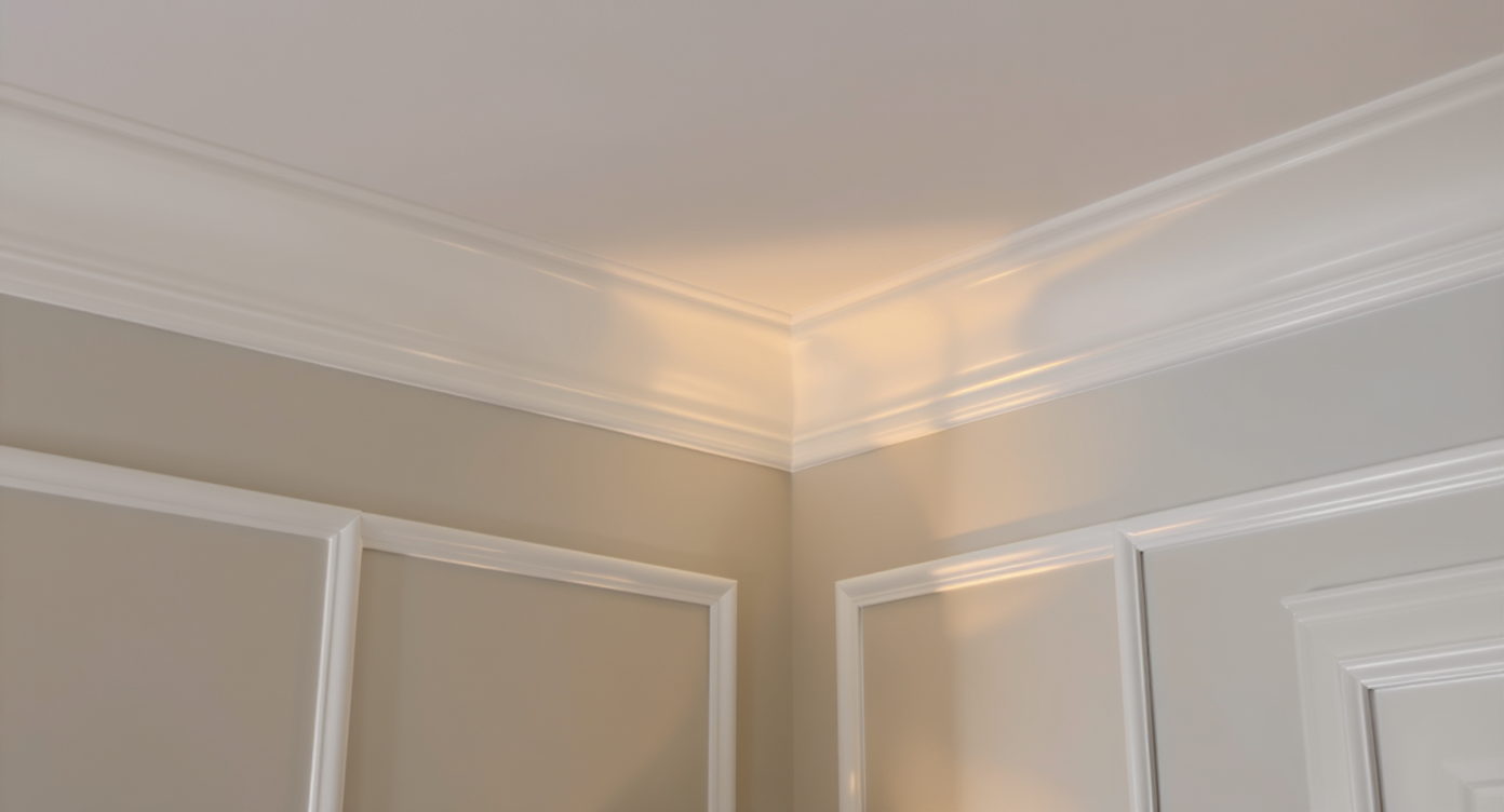 A living room with elegant crown molding framing the walls, adding sophistication and style to the space.