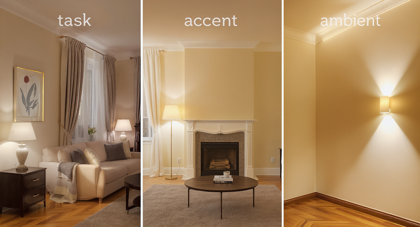 A well-lit interior space demonstrating the balance of task, accent, and ambient lighting creating a cozy mood.