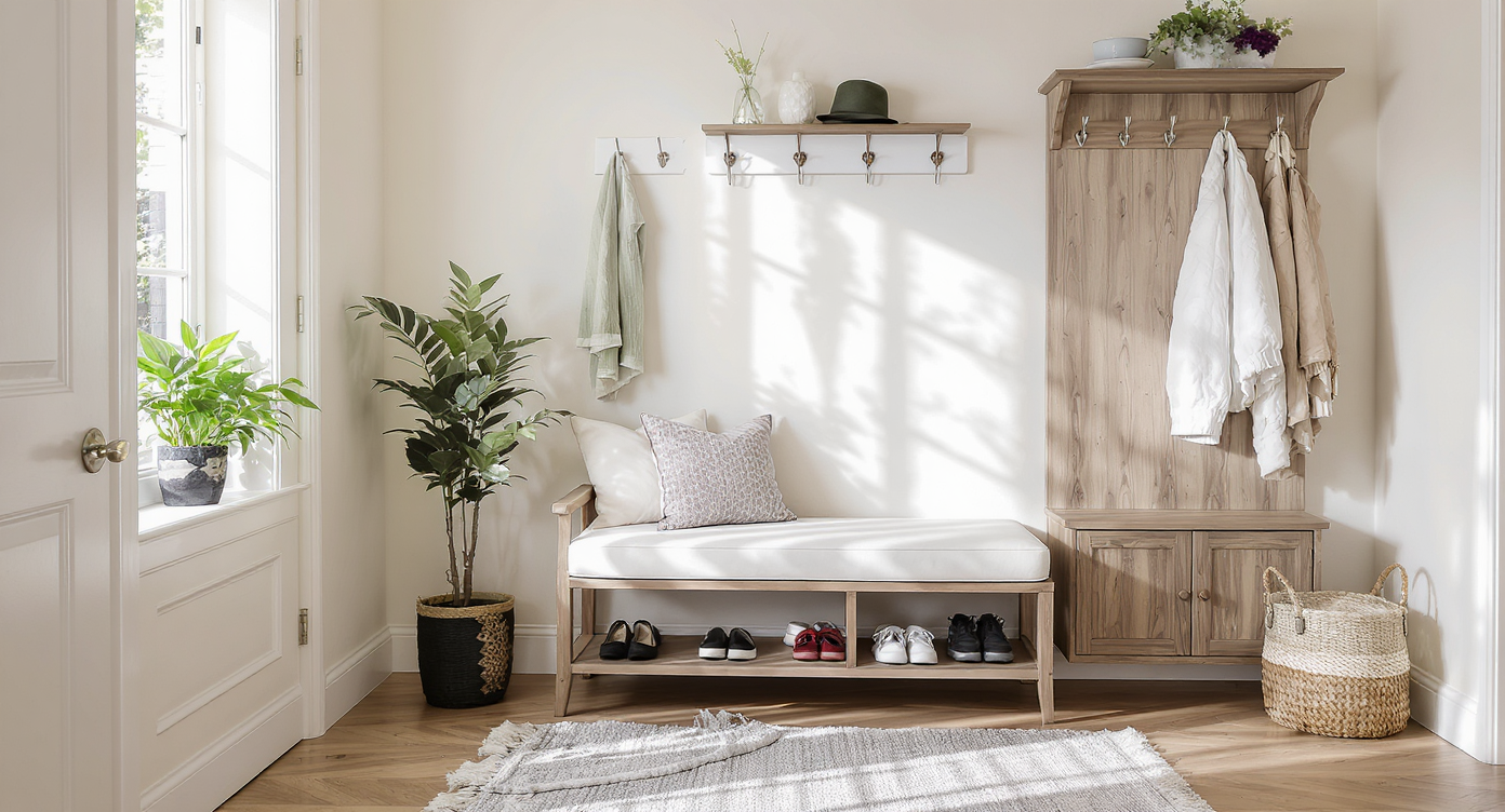 A well-organized entryway featuring multifunctional furniture, providing stylish storage and organization.