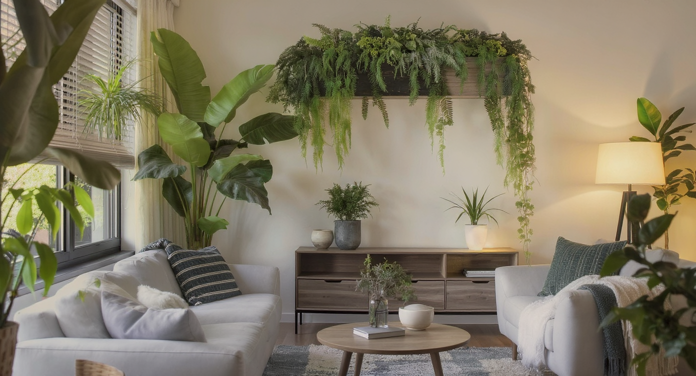 A well-decorated living room with indoor plants creating a vibrant and refreshing atmosphere.