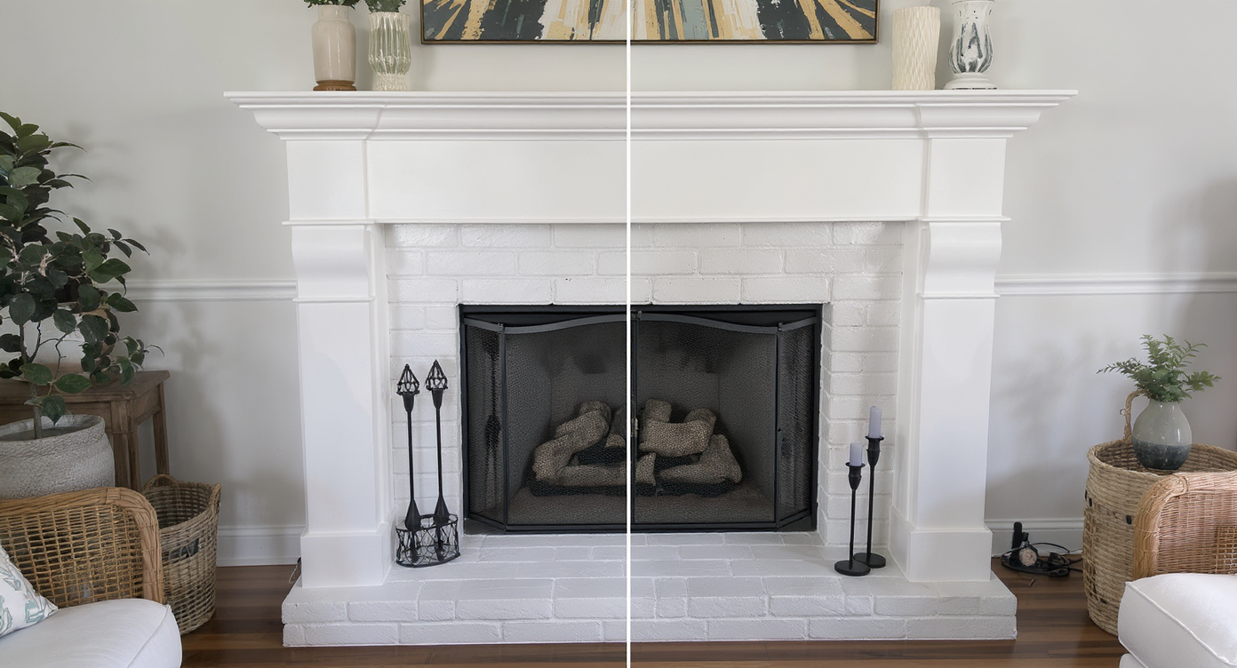 A beautifully revamped fireplace with white-painted brick, styled with modern decor to enhance the living space.