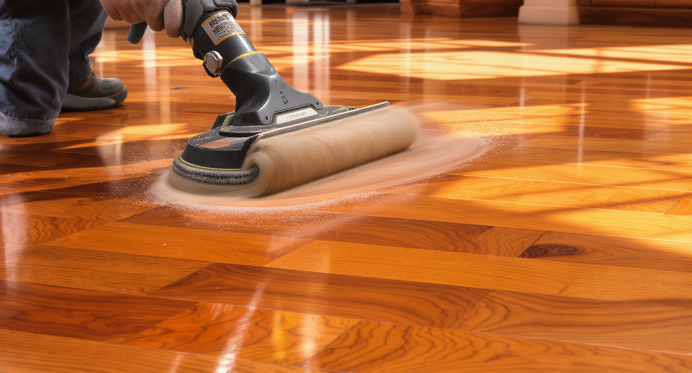 A close-up of a polished hardwood floor reflecting light, showcasing its restored beauty and shine.
