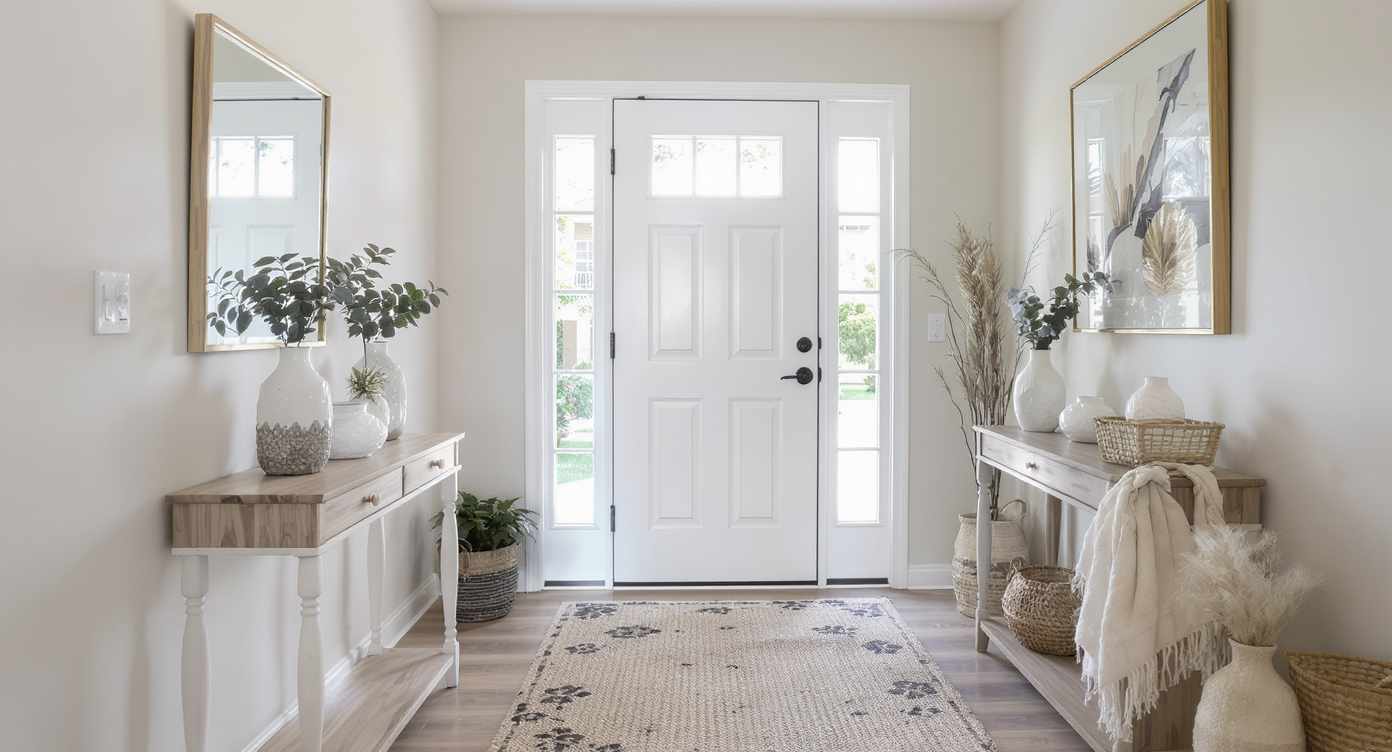 A charming entryway with decorative elements and modern furniture, illustrating the importance of first impressions at home.