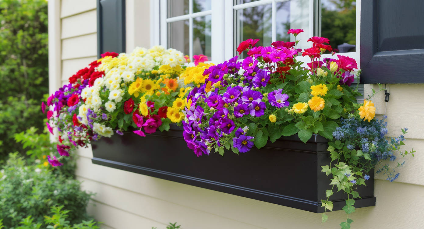 Window boxes brimming with vibrant flowers, adding charm and character to the exterior of a home.