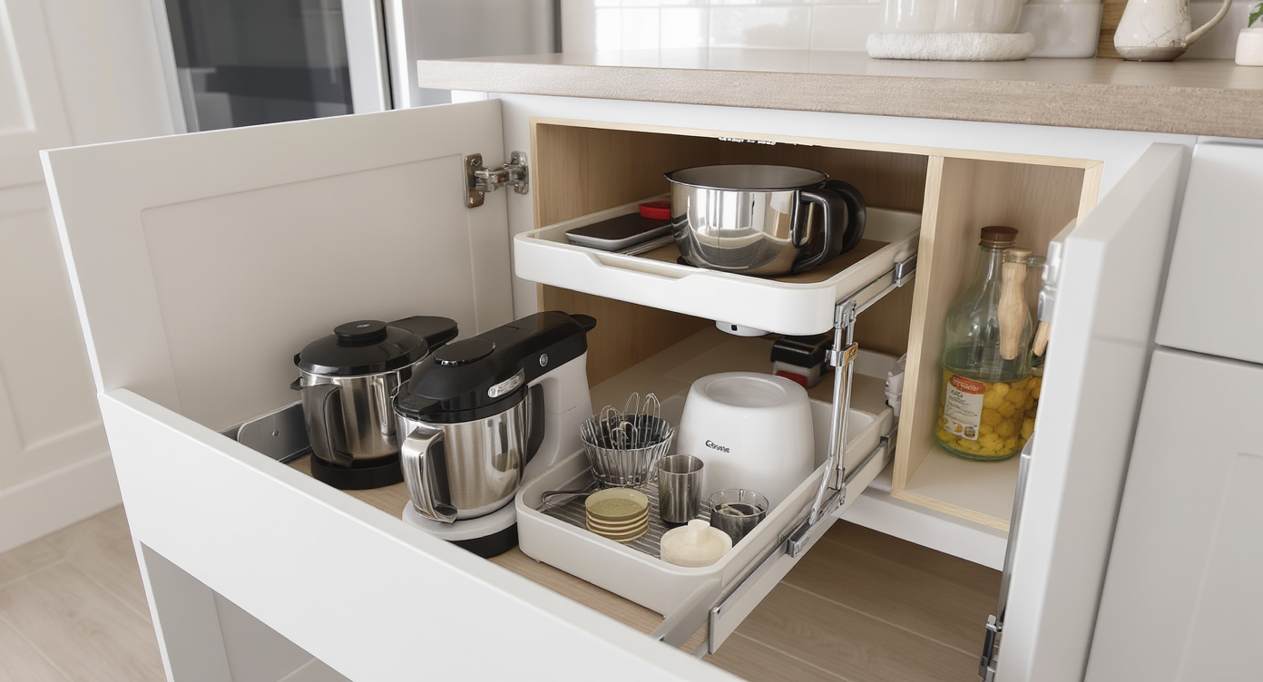 A kitchen with a hidden appliance lift for small devices, demonstrating streamlined organization and style.