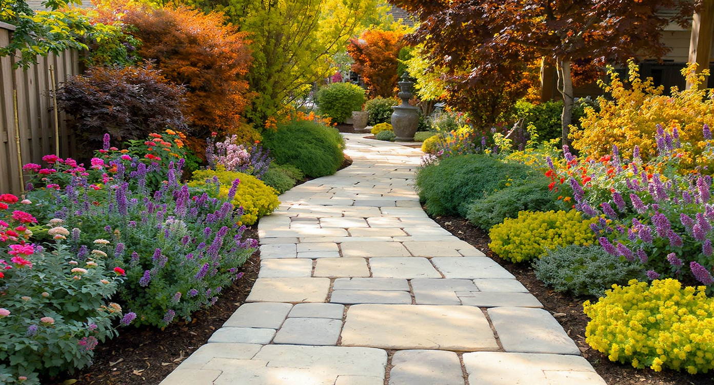 A stone pathway weaving through a garden, adorned with lush greenery and colorful flowers, enhancing outdoor aesthetics.