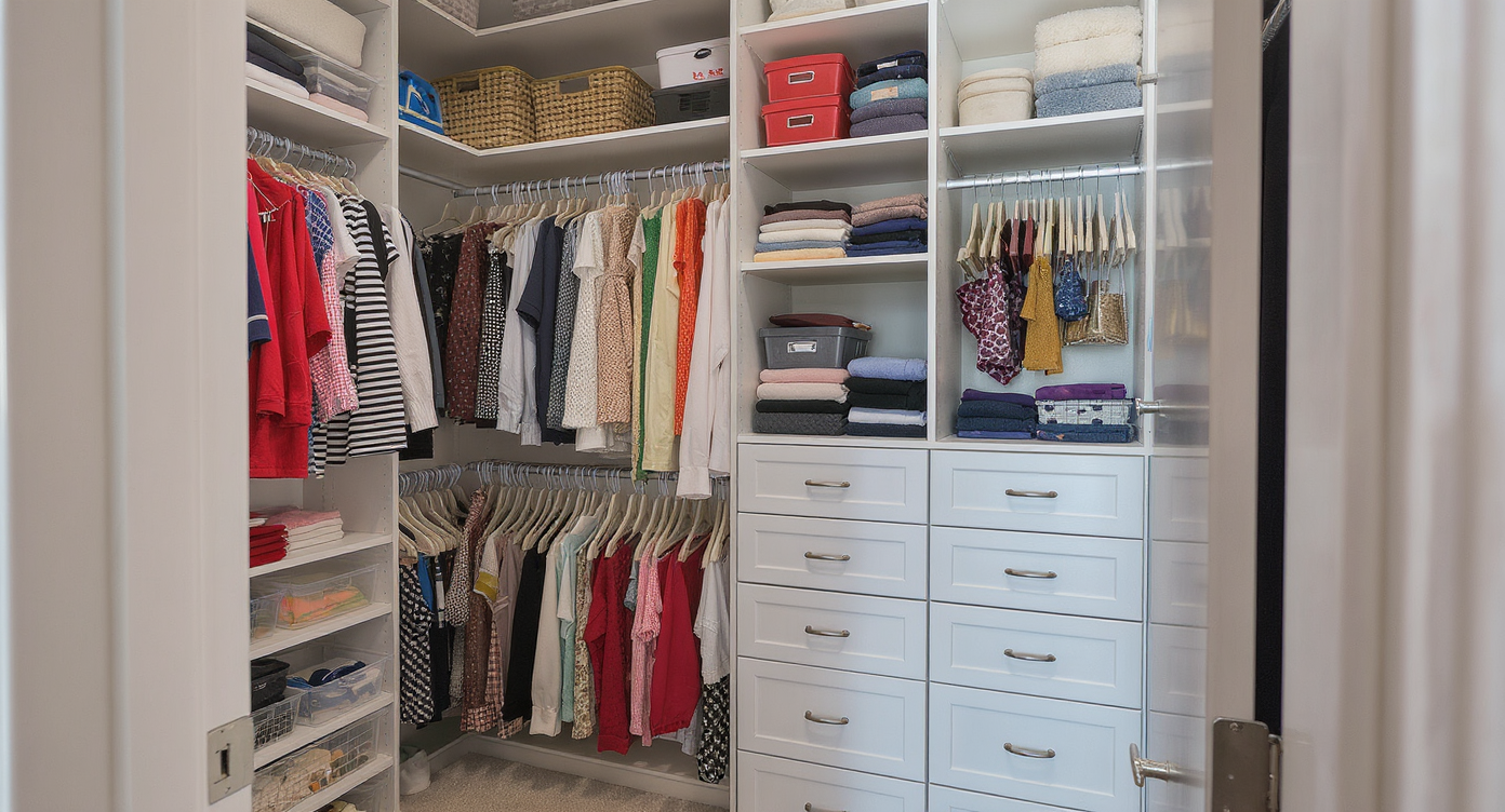 An organized closet with customized shelving and bins, maximizing space while maintaining orderly storage.