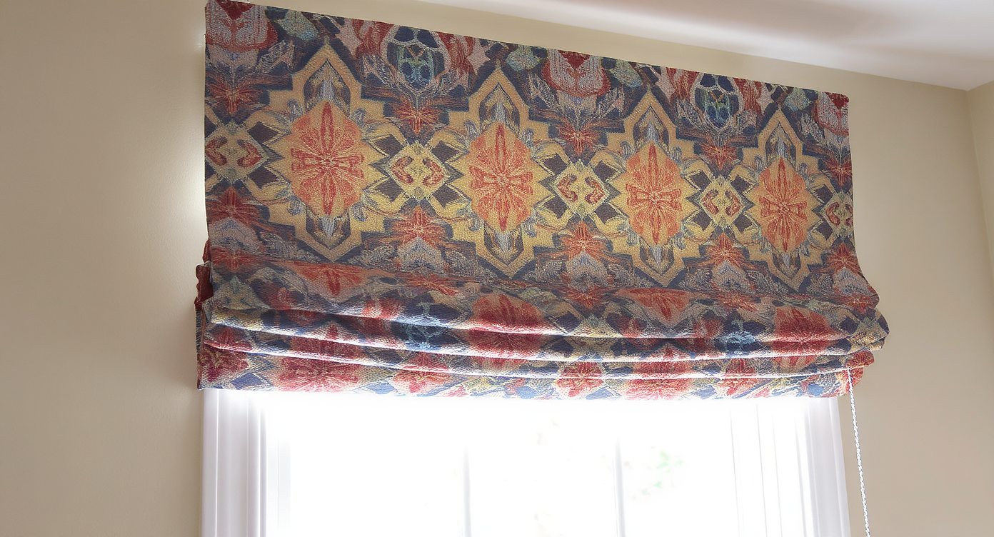 A colorful DIY Roman shade elegantly covering a window, adding style and function to the living space.