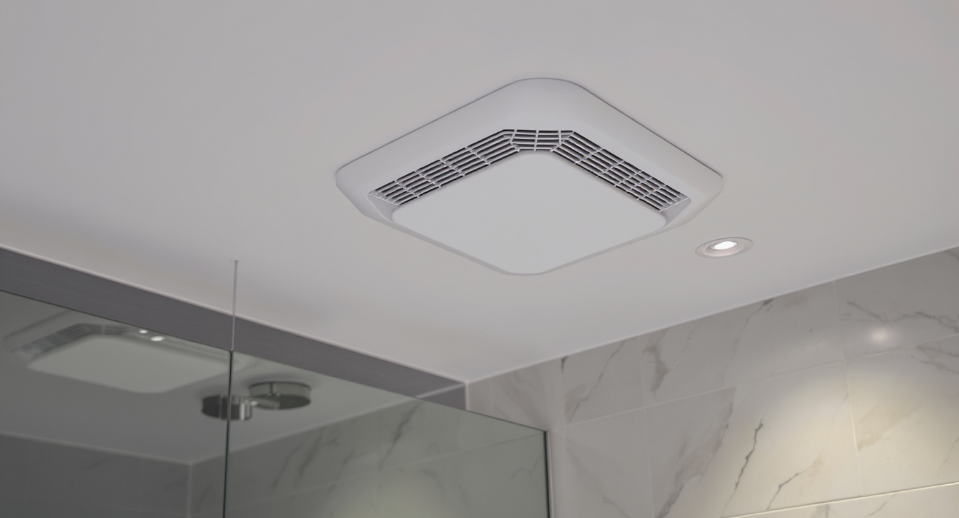 A stylish bathroom with a modern vent fan enhancing fresh air circulation and overall design appeal.