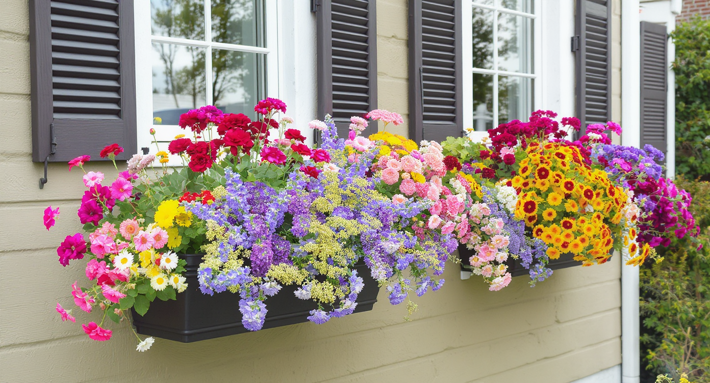 Colorful window boxes filled with seasonal flowers adorning a home, enhancing its exterior charm and character.