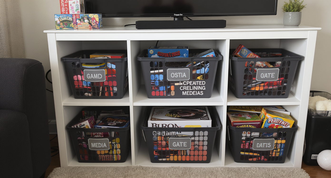 An organized game corner with shelves and labeled bins, providing easy access to games and enhancing family activities.