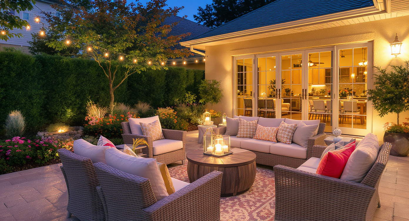 A beautifully designed outdoor entertainment space with cozy seating and decoration for gatherings.