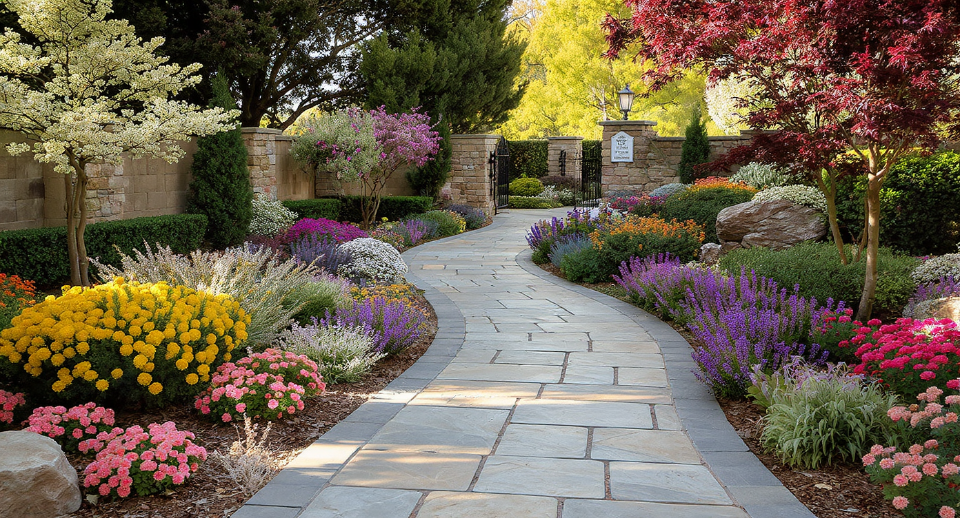 A decorative stone pathway winding through a landscaped garden, enhancing the outdoor space’s charm and invitation.