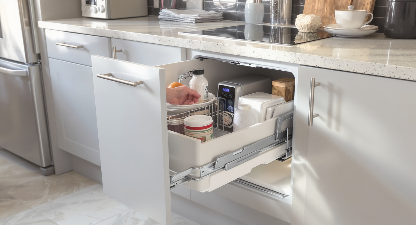 A modern kitchen with integrated appliance lift that maintains organization while maximizing counter space.