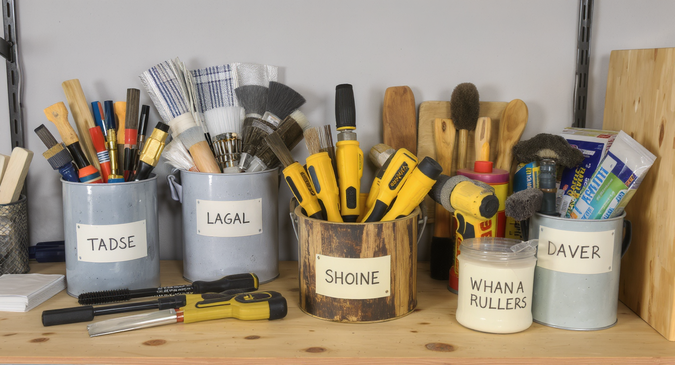 An organized DIY workspace featuring labeled containers holding tools and materials, ready for home improvement projects.