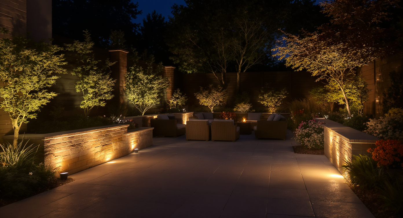 An outdoor space beautifully lit with low-voltage lighting, highlighting garden features and creating a cozy environment.
