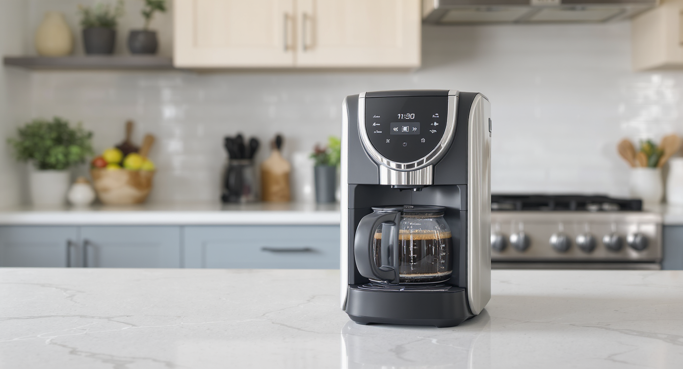 An updated kitchen showcasing a new, stylish small appliance on a clean countertop, enhancing functionality and design.