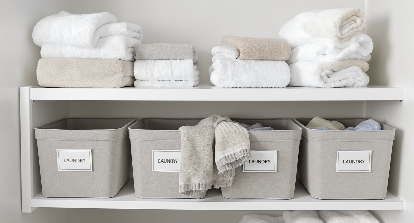 An orderly laundry room organized with labeled bins, providing an efficient and stress-free laundry experience.