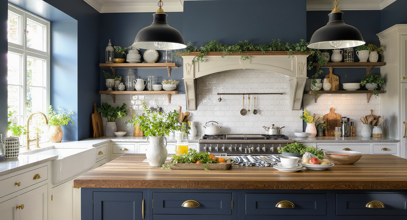 A Victorian kitchen with navy walls and rustic accents, showcasing modern warmth and vintage charm.