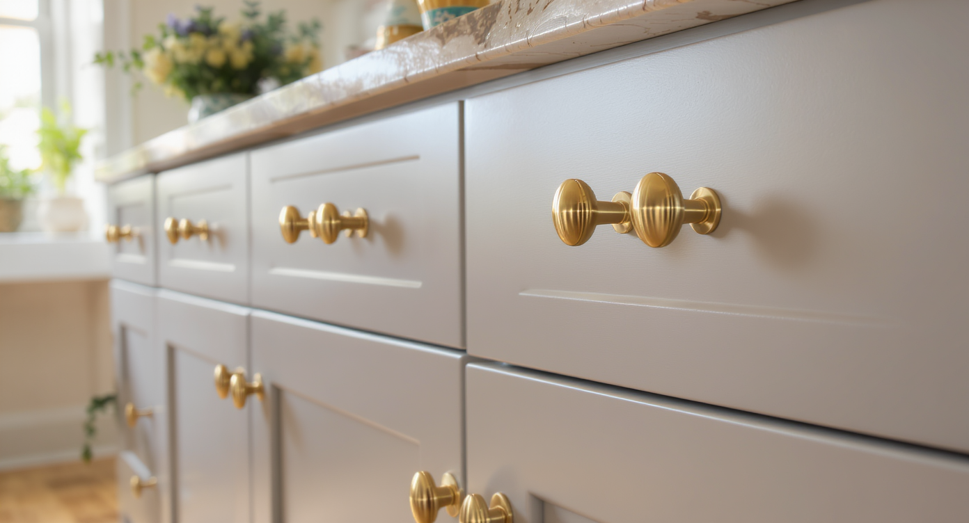 Updated kitchen hardware in brushed brass against a backdrop of a bright Victorian kitchen.